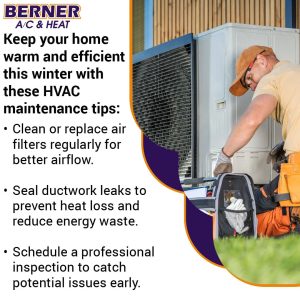 Berner A/C & Heat promotional graphic featuring winter HVAC maintenance tips. The image shows a technician in a brown cap and tool belt working on an outdoor condenser unit.