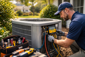 HVAC technician performing AC repair and efficiency check on outdoor air conditioning unit in Mandeville Louisiana