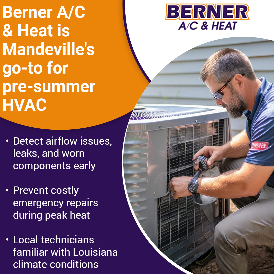 HVAC technician inspecting outdoor air conditioning unit for pre-summer maintenance in Mandeville Louisiana
