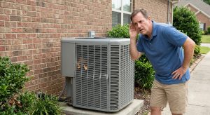A concerned homeowner leans in to listen closely to strange noises coming from his outdoor air conditioning unit, indicating the need for professional AC repair in Mandeville, LA.