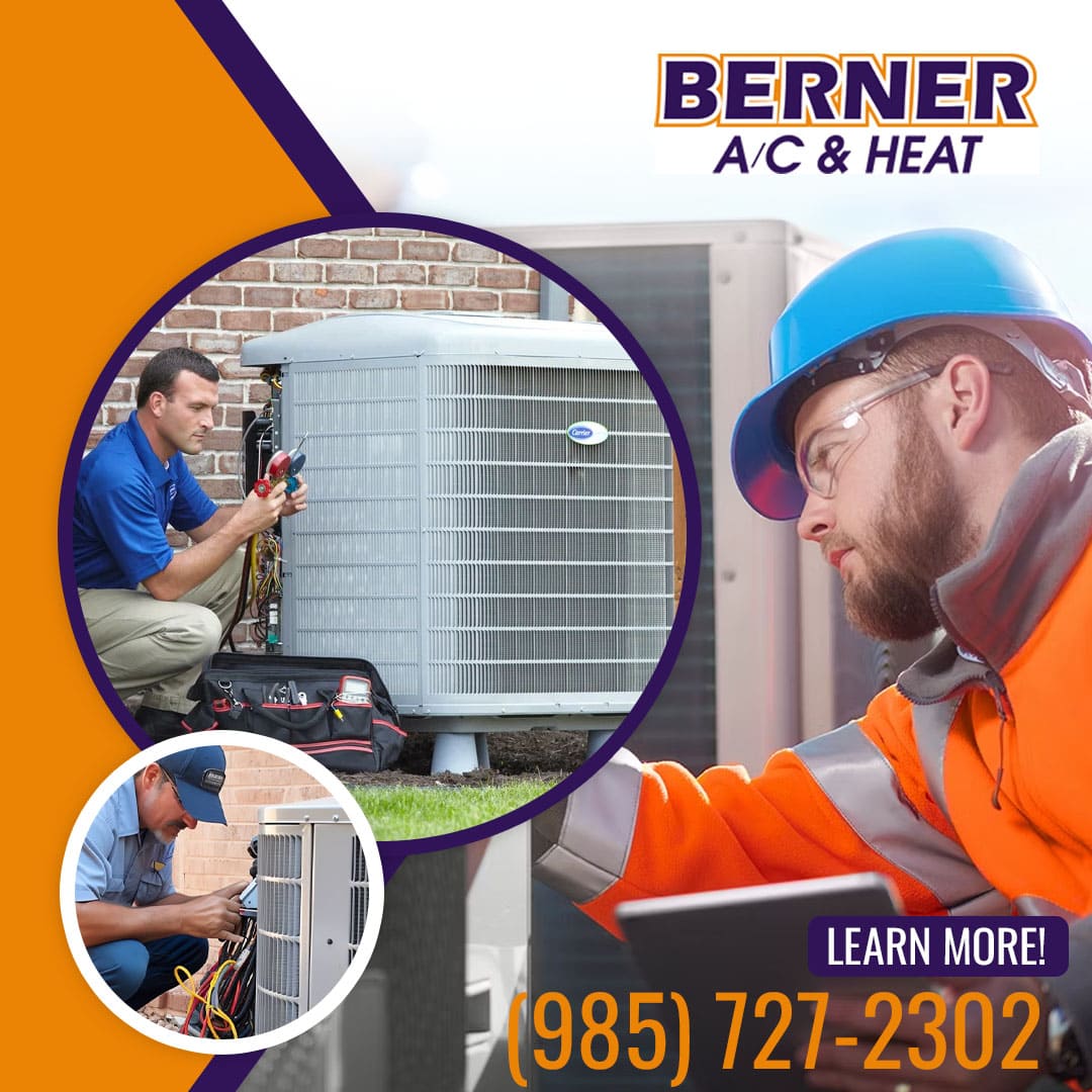 A collage of three Berner A/C & Heat technicians performing professional air conditioning repairs, system diagnostics, and maintenance on various HVAC units. Call 985-727-2302 to learn more.