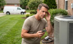 A man in a green t-shirt stands outside beside a large residential air conditioner condensing unit, listening intently and cupping his ear to detect noise. He is holding a smartphone and appears concerned. In the background, there is a green lawn, a brick house, and a white service van, suggesting an upcoming or current HVAC repair call.